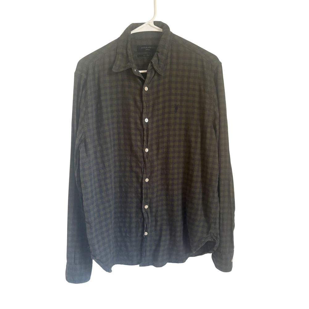 AllSaints Mens Relaxed Fit Ramskull Check Flannel Shirt Olive Green Black Small